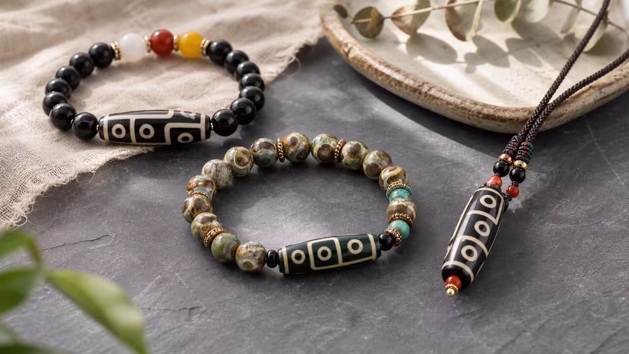 Three Nine-Eye Dzi bead jewelry styles arranged for comparison