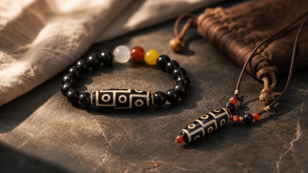Nine-Eye Dzi bead bracelet and pendant with black beads and cream eye patterns