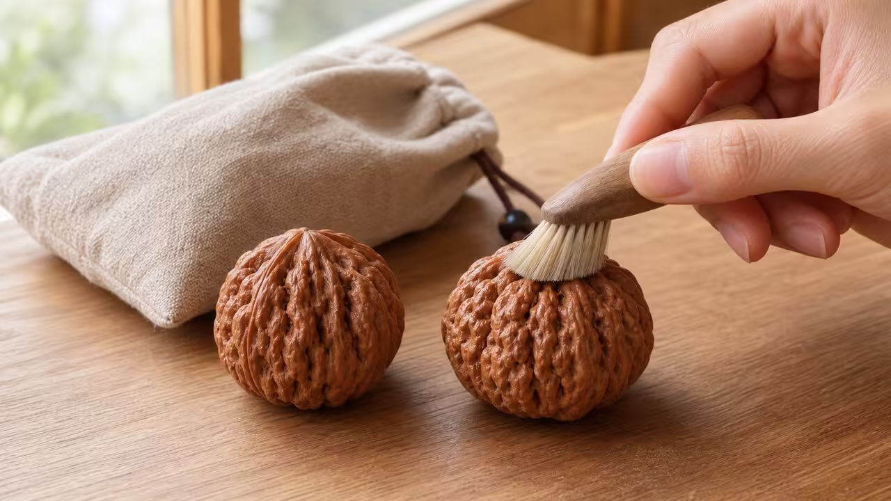 Dry Brushing Wenwan Walnuts A matched pair of Wenwan walnuts being cleaned with a dry soft brush
