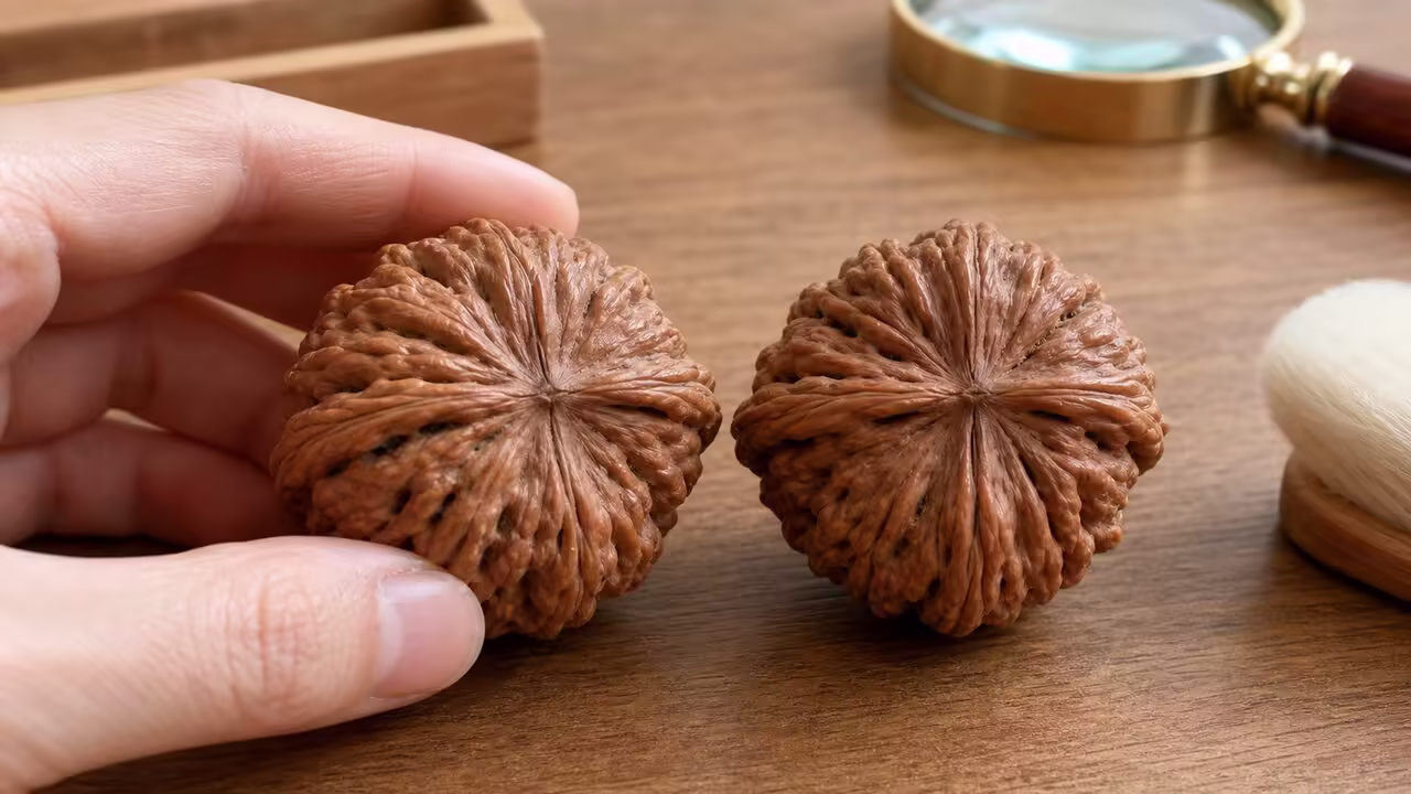 Inspecting a Wenwan Walnut Pair Matched Wenwan walnuts being inspected beside a magnifying glass and soft brush