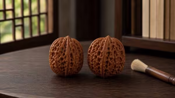 Natural matched pair of Chinese Wenwan walnuts with vertical shell seams