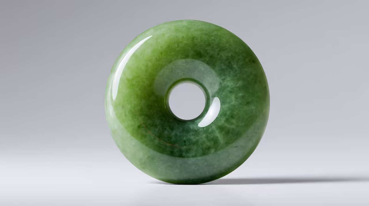 A polished jade Bi Disc pendant on a minimalist background.